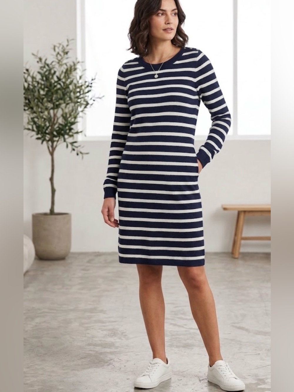 Banana Republic Navy and White Striped Long-Sleeve Dress wool cashmere